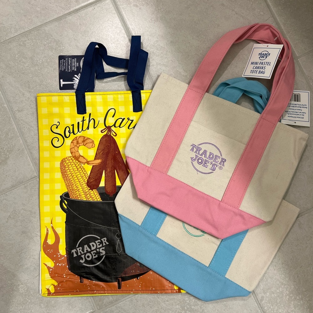 Trader Joe’s Mini Canvas Tote Pink Purple Stitching Pastel Limited Edition NWT